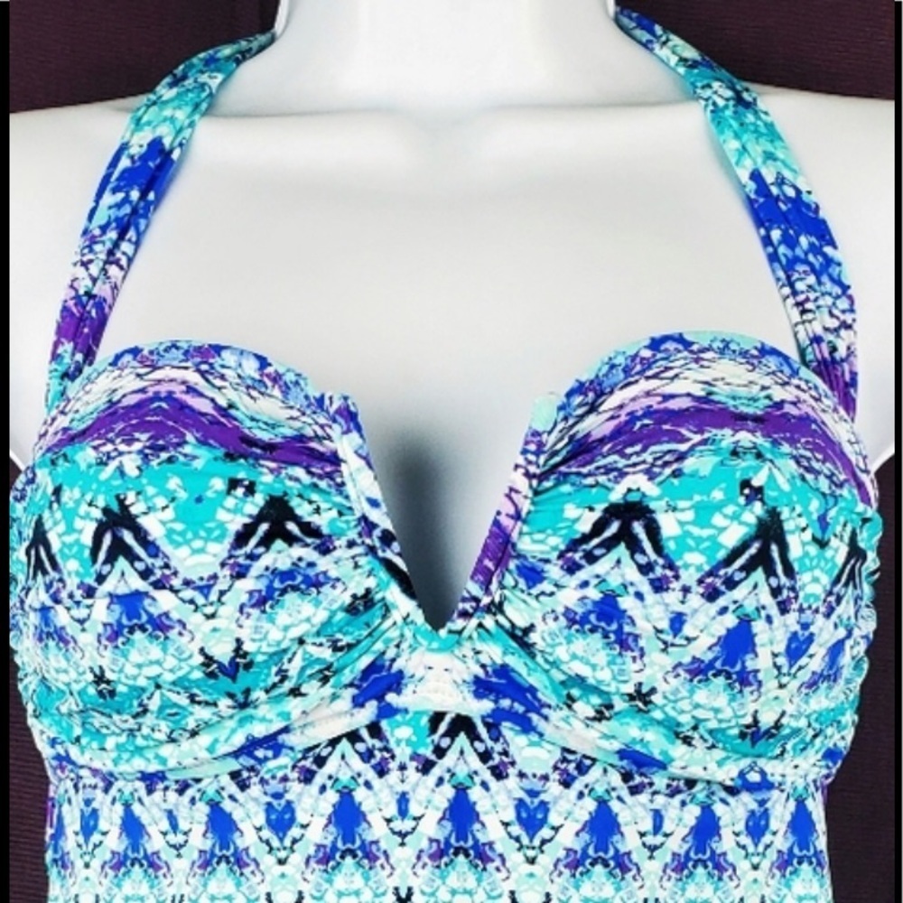 Bleu Rod Beattie Turquoise Blue Purple Halter One-Piece Swimsuit